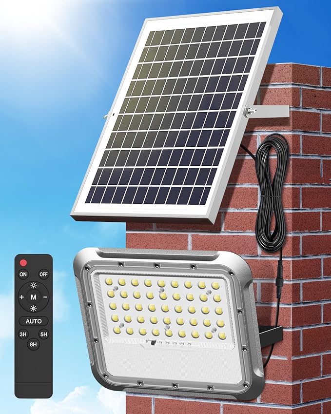 Outdoor Solar LED Flood Lights: Waterproof Security Patio Lights with Remote Control, 6500K Bright Illumination Dawn to Dusk Lighting for Fence, Yard, Backyard, Wall, House