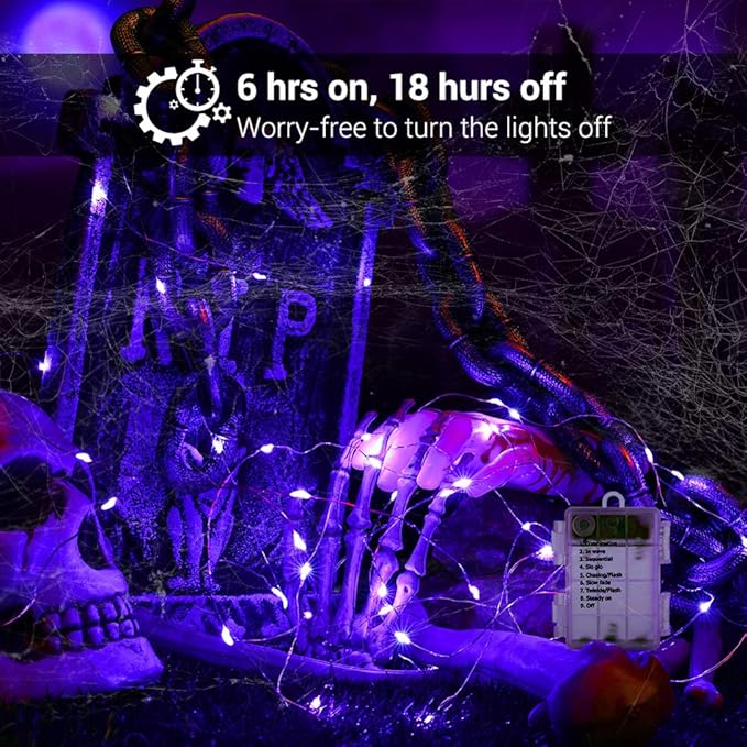 BrizLabs Purple Halloween Lights, 19.47ft 60 LED Battery Halloween Lights, 8 Modes Purple Fairy String Light with Remote, Waterproof Outdoor Twinkle Light for DIY Home Bedroom Holiday Party Decor
