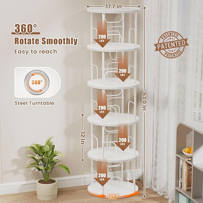 5 Tier Rotating Bookshelf, 360 ° Display Stackable Spinning Bookshelf Tower, Corner Bookshelf Tall Floor Standing Swivel Bookcase Narrow Storage Organizer for Bedroom, Living Room, White