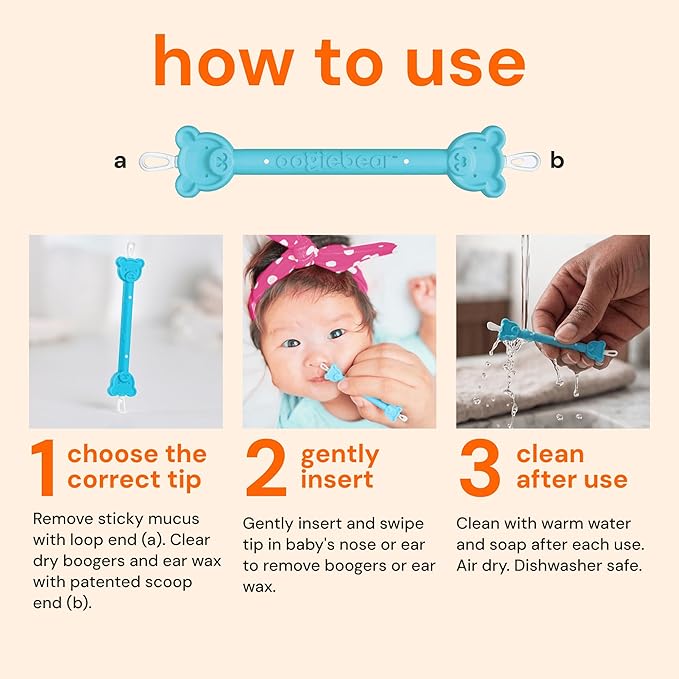 oogiebear Baby Nose Cleaner & Ear Wax Removal Tool - Safe Booger & Earwax Removal for Newborns, Infants, Toddlers - Dual-Ended - Essential Baby Stuff