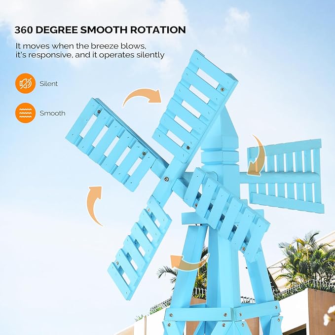Wooden Windmill, Weather-Proof Wind Spinner, Outdoor Wind Mill for Garden Lawn Patio Decoration (Blue, Large)