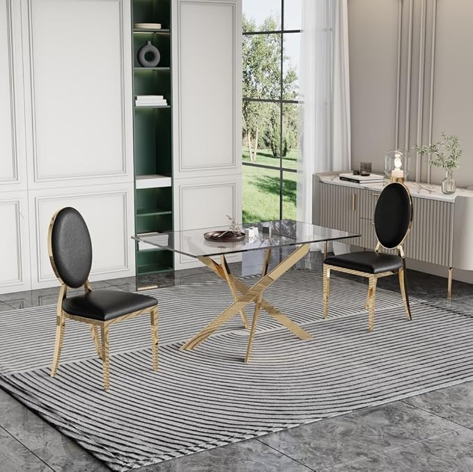 51" Glass Dining Table for 4, Contemporary Rectangular Dining Room Table with Tempered Glass Top & Golden Finish Stainless Steel Legs, Modern Kitchen Table for Home Office