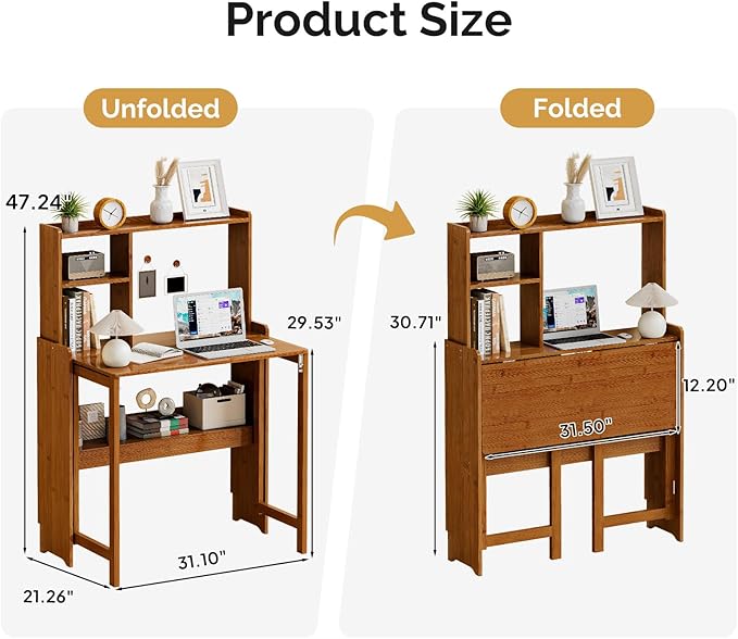 31.1" Bamboo Folding Desk with Bookshelf, Compact Computer Desk for Small Spaces, Foldable Study Table with Storage Shelf, Space-Saving Home Office Table for Bedroom, Dorm, Apartment,Brown