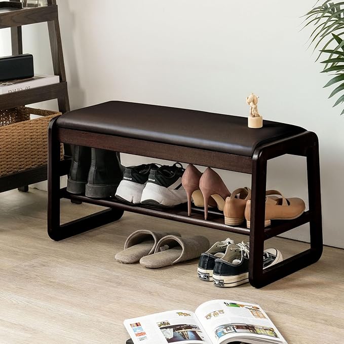 Shoe Bench, Entryway Bench with Leather Cushion, Solid Wood Shoe Rack, Mid Century Modern Bench, Shoe Storage, Shoe Organizer for Entryway (Brown, 31.5" W)
