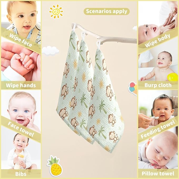 vvfelixl Baby Muslin Washcloths Cute Monkey Coconut Trees Baby Burp Cloths Cotton Babys Face Towel for Newborn Infants Boys Girls Soft and Absorbent 11.8 X 11.8 in, 3 Pack