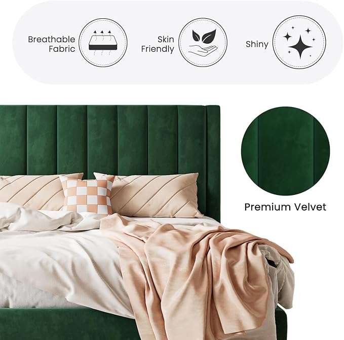 SHA CERLIN Twin Bed Frame/Velvet Upholstered Platform Bed Frame with Headboard/Strong Wood Slats Support/Mattress Foundation/No Box Spring Needed - Green