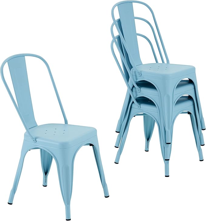 Nazhura Metal Dining Chair Farmhouse Tolix Style for Kitchen Dining Room Café Restaurant Bistro Patio, 18 Inch, Stackable, Waterproof Indoor/Outdoor (Sets of 4) (Blue)