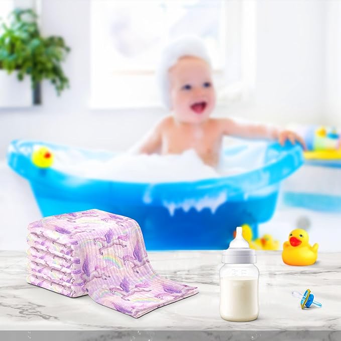 Newborn Face Towel Unicorn Rainbow Soft Cotton Baby Washcloths 11.8 x 11.8 Inch Infants Girls Boys Muslin Burp Cloths 5 Pack