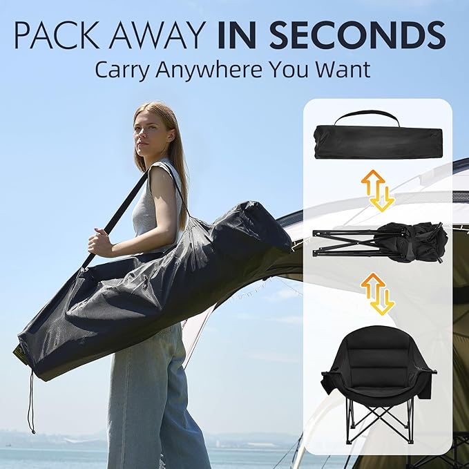 Oversized Camping Chairs for Adults - Heavy Duty Padded Outdoor Folding Lawn XL Camp Chair with Cup Holder Cooler Pockets for Outside Sports Beach Fishing Garden Portable Supports 500lbs, AllBlack
