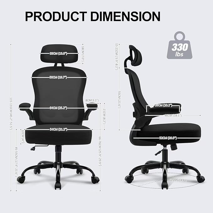 Ergonomic Office Chair,Ultra Thick Office Desk Chair with Adjustable Lumbar Support and Headrest,Spring Cushion,Rocking Function,Flip-up arms,Mesh Computer Chair for Home Office,Black
