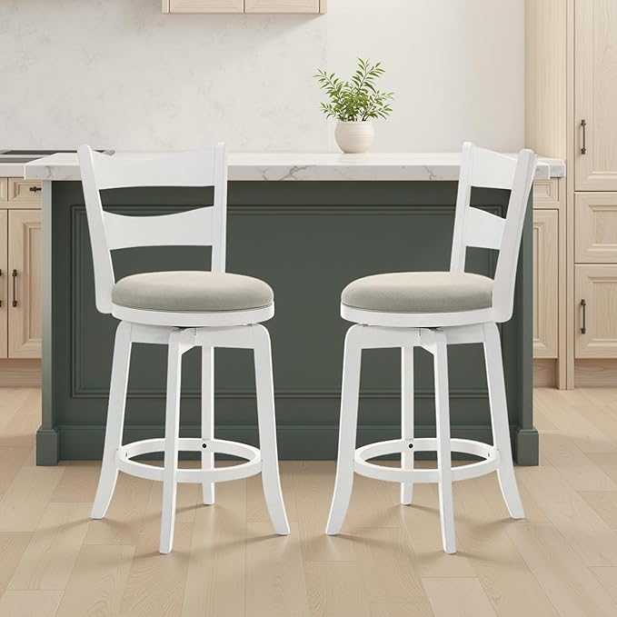 Armen Living Blair 26 in. Matte White Counter Height Rubberwood Swivel Barstool with Fog Fabric Seat - Set of 2