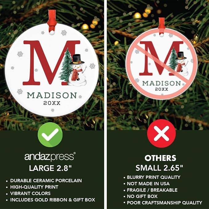 Andaz Press Personalized Ornament, Custom Name, Initial M Monogram Snowman 2.8" Ceramic Porcelain 2025 Christmas Ornament Keepsake for Kids, Boys, Girls, Initial Ornaments Monogram Ornaments 1-Pack