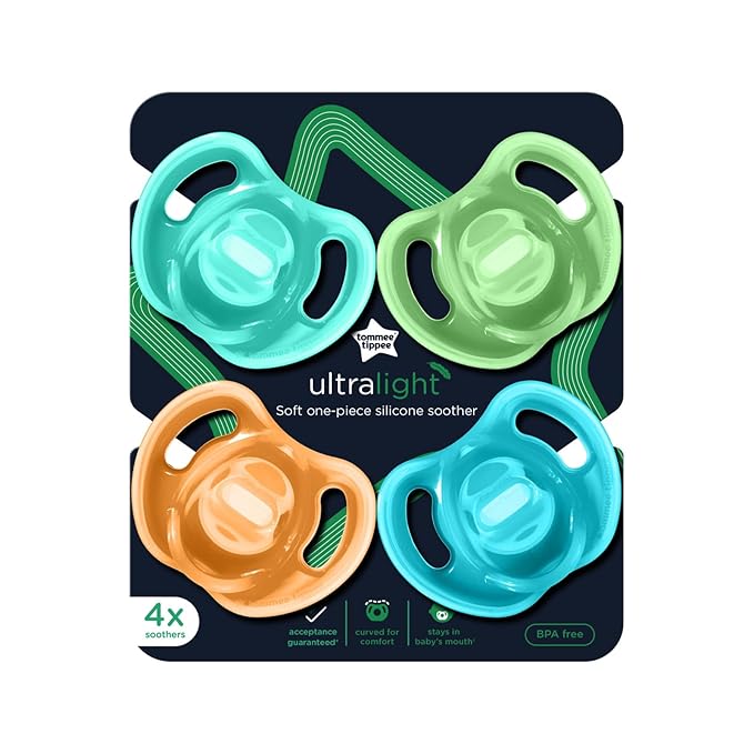 Tommee Tippee Ultra-Light Silicone Pacifier,18-36 Months,Symmetrical One-Piece Design,BPA-Free Silicone Binkies,Blue/Orange/Green,(Pack of 48)