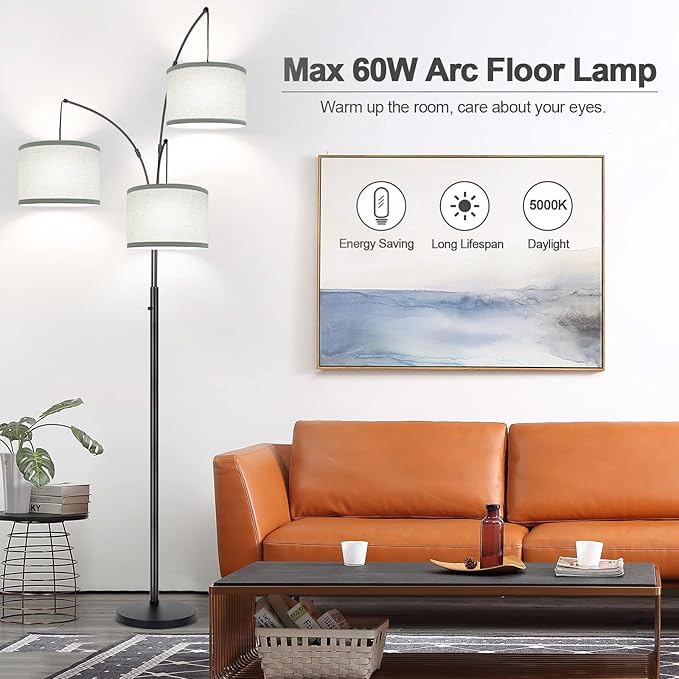 Dimmable Floor Lamp - 3 Lights Arc Floor Lamps for Living Room, 1000LM Modern Tall Standing Lamp With Gray Shades & Heavy Base, Mid Century Tree Floor Lamp for Bedroom Office, 3 LED Bulbs Included