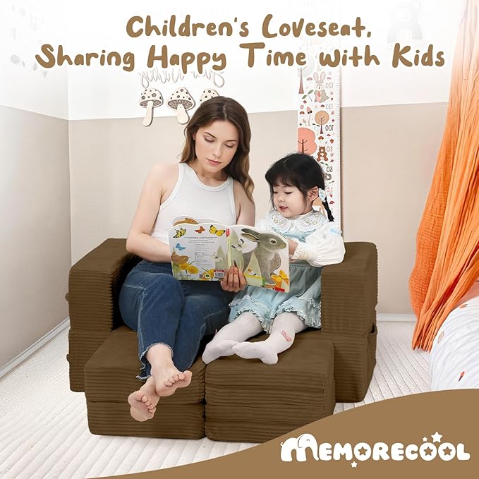 MeMoreCool Modular Kids Couch, Corduroy Play Toddler Couch for Bedroom Playroom Furniture, Convertible Foam Kids Sofa Bed, Fold Out Baby Sofa for Girl Boy, Brown