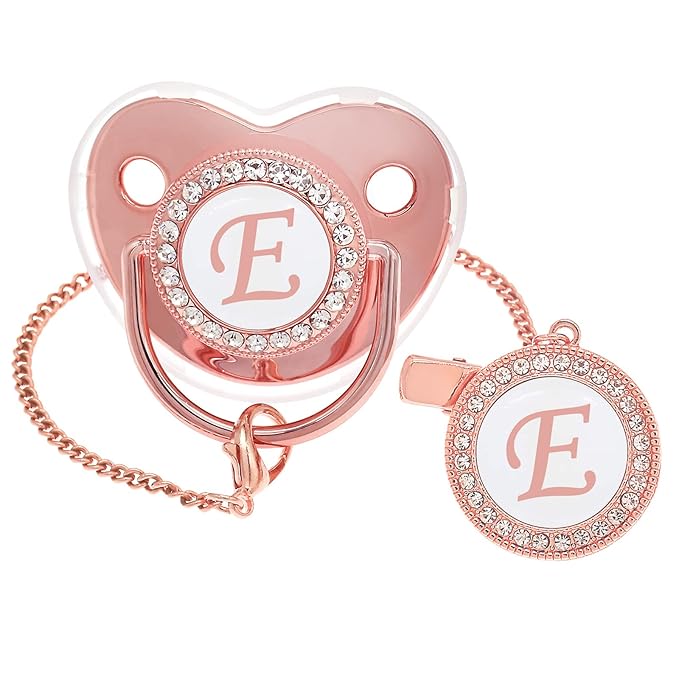 Bling Personalized Pink Baby Pacifier with Pacifier Clips and Anti-dust Cover A-Z 26 Letters(Pink,E)