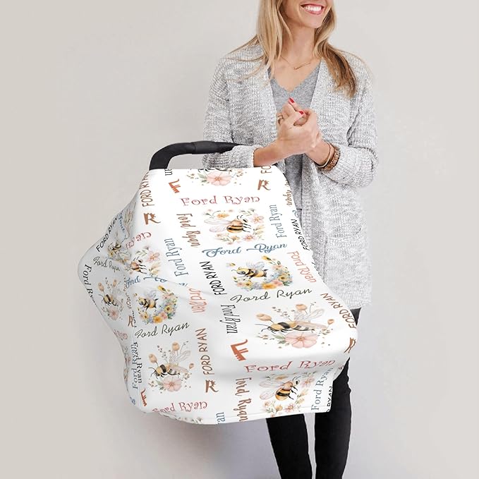 Personalized Baby Car Seat Cover with Name Stroller Canopy Custom Bee Carseat Cover Newborn Baby Boy Girl Nursing Cover for Moms First Birthday Gift