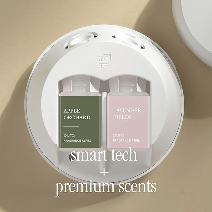 Pura - Smart Home Fragrance Device Starter Set - Pura 4 - Scent Diffuser for Home - Includes Fragrance Aroma Diffuser - Square Box, Apple Orchards and Lavender Fields Scent Refills