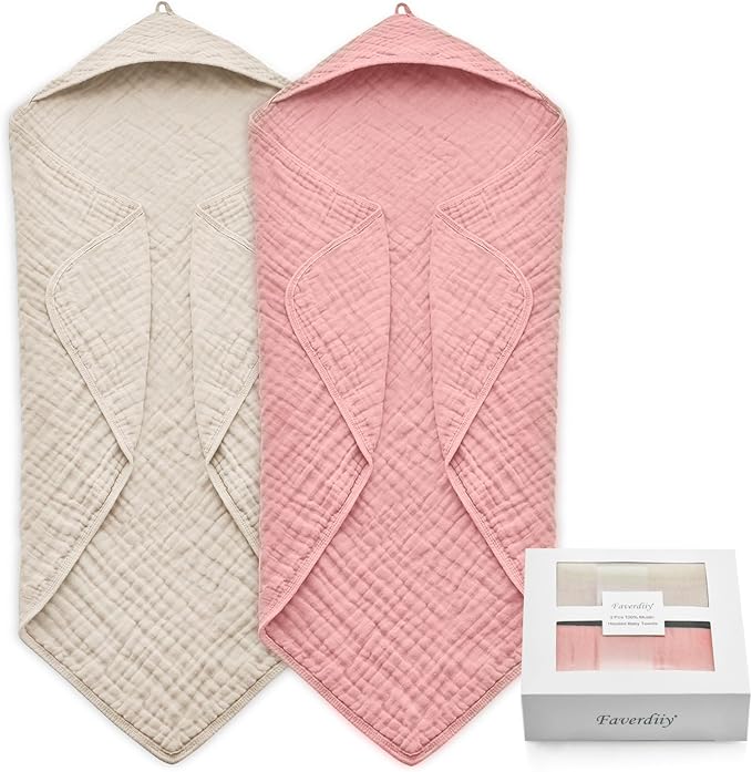 Hooded Baby Towels for Newborn, 35x35 Inch 2 Pack 100% Muslin Cotton Baby Bath Towel, Soft Baby Beach Towels with Hood for Infants, Toddlers and Kids, Essentials Must Haves Dusty Pink+ Beige
