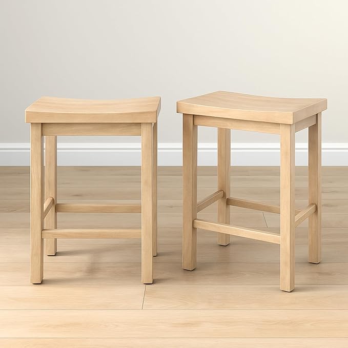 Grain & Grove Smith Collection Set of 2 Solid Wood Counter Height Bar Stools, 24-Inch Saddle Seat Backless Stools, Ideal for Kitchen Island, Dining, or Home Bar Seating, Blonde