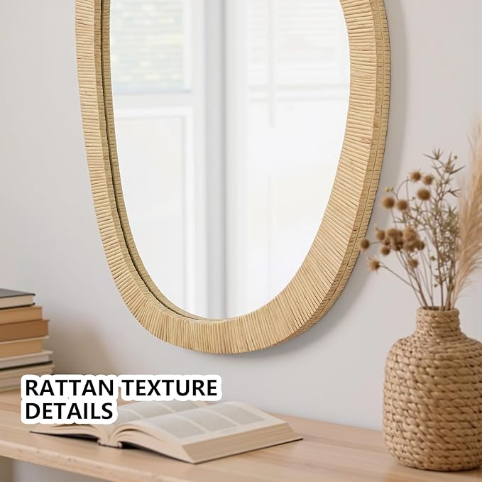 H HOMEWINS Rattan Mirror for Wall,31.5'' x 25.2" Wooden Framed Farmhouse Boho Wicker Coastal Irregular Vanity Mirror for Bathroom Living Room Entryway