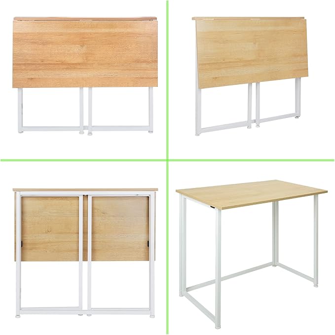 Leopard Folding Computer Desk for Small Spaces, Space-Saving Home Office Desk, Foldable Computer Table, Laptop Table, Writing Desk, Compact Study Reading Table (White/Nordic Walnut)