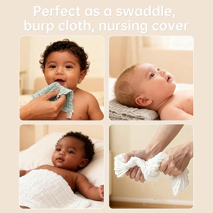 Organic Muslin Baby Washcloths 6 Pack Baby Bath Face Towel 12x12 Inch Extra Absorbent and Soft Burp Cloth and Wash Cloths for Newborn-Infants On Sensitive Skin (White Green Brown)