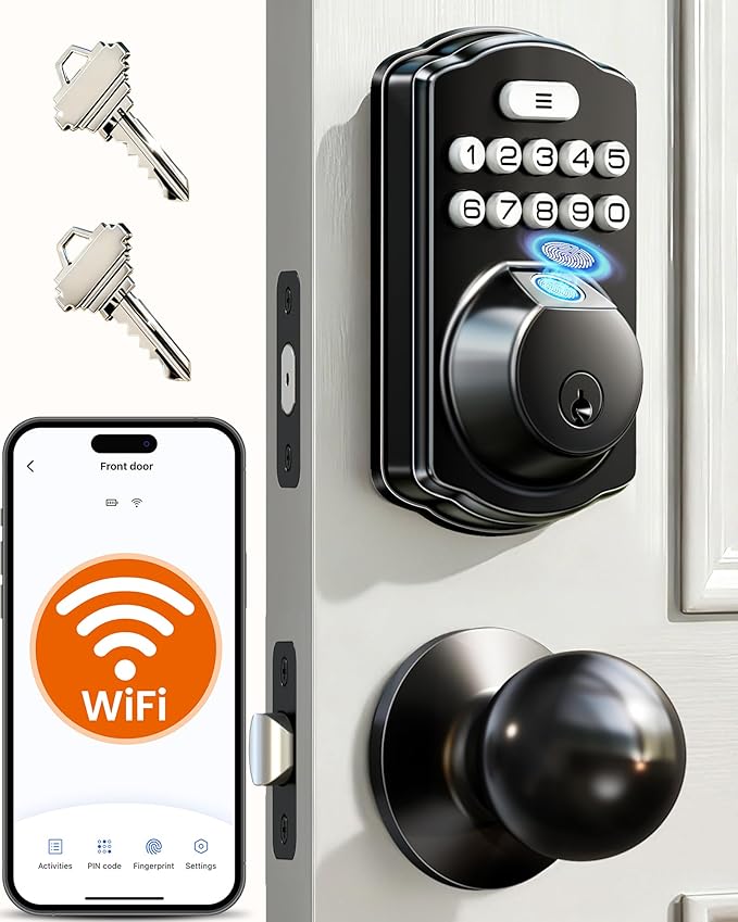 Veise VE012W-K Built-in WiFi Fingerprint Smart Lock with 2 Knobs, No Hub Needed, Remote APP Control, Keyless Entry Door Lock, Smart Deadbolt for Front Door, Auto Locking, Matte Black