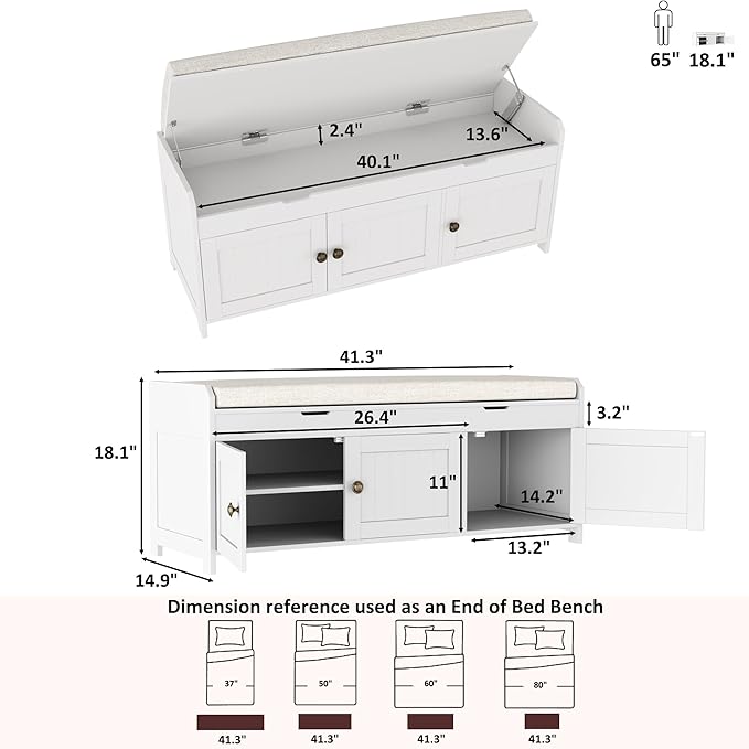HOMEFORT 41.3" Shoe Bench with Lift Top Storage, Entryway Bench with Cushioned Seat, Wooden End of Bed Bench, Shoe Cabinet Bench with Hidden Storage Space, for Bedroom, Hallway,White