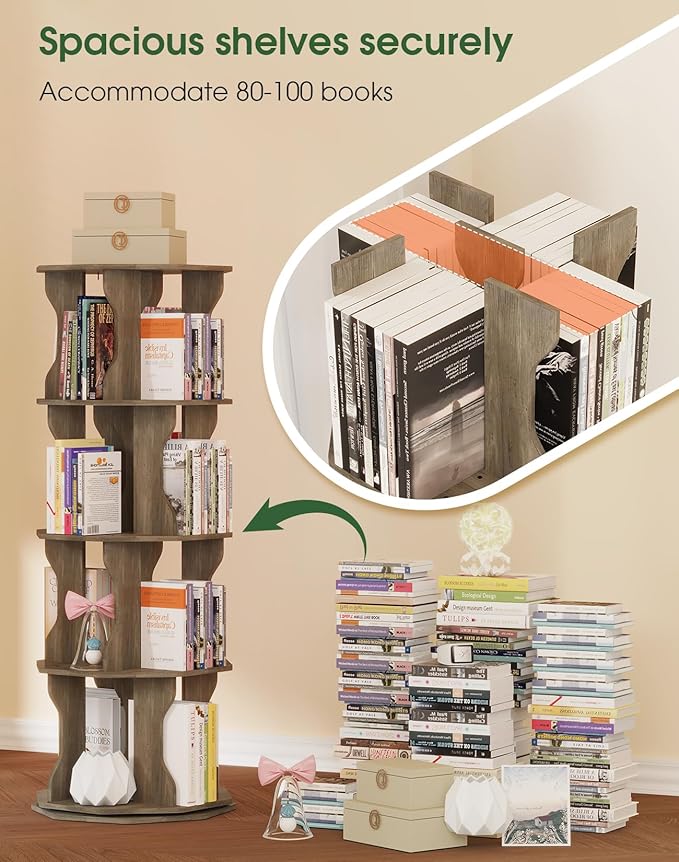 4 Tier Rotating Bookshelf, Spinning Bookshelf Tower Lazy Susan, Corner Revolving Storage Rack for Bedroom, Study Room, Kids Room, Living Room, Office, Gray