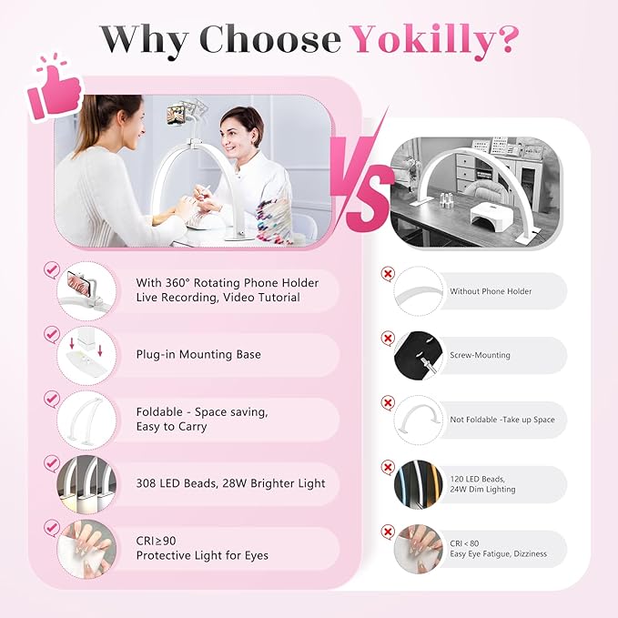 Yokilly Half Moon Light for Nail Desk: 23" Foldable Half Moon Desk Lamp with Phone Holder for Beginner - Arch Nail Tech Light with 3 Color Modes & 10 Brightness for Manicure Salon (White, Small)