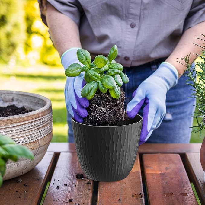 6 inch Plant Pots, 5 Pack Flower Pots with Drainage Holes and Saucers for Indoor Plants, Plastic Planters with Water Ripple for Small Garden House Plants, Nursery Pots for Succulent, Black