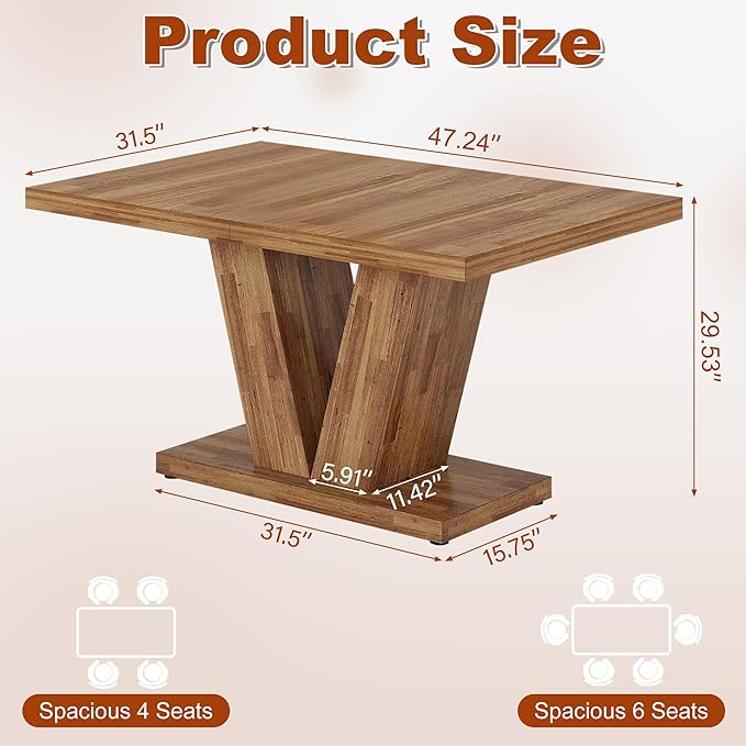 47 Inch Dining Table for 4, Farmhouse Dinner Table Wooden Kitchen Tables with Heavy Duty Pedestal for Dining Room, Kitchen, Living Room, Walnut Brown