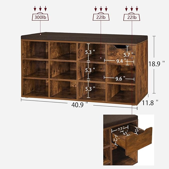 DINZI LVJ Shoe Bench, Entryway Storage Bench with Drawer and 11 Cubbies, Cubby Shoe Rack with Adjustable Shelves, Shoe Organizer Cabinet for Living Room, Mudroom, Closet and Garage, Rustic Brown