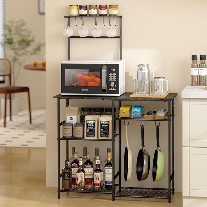 Baker's Rack for Kitchen with Storage, Microwave Stand with Adjustable Shelves, Kitchen Stand with 10 S Hooks, 6-Tier Coffee Bar Station, Kitchen Shelves for Spices, Pots, Gray