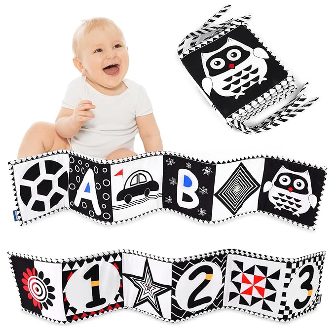 Vicloon Black and White High Contrast Baby Toys, Soft Baby Book for Newborn 0-3-6-12 Months, Infant Tummy Time Toys, Early Education Sensory Toys, Visual Stimulation Folding Cloth Book for Boys Girls