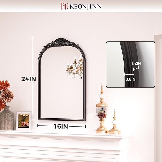 Keonjinn Black Vintage Arched Mirror for Wall, 16" x 24" Antique Mirrors with Metal Frame, Baroque Style Decoration for Mantle, Bathroom, Living Room, Fireplace, Bedroom, French Cleat Mounting