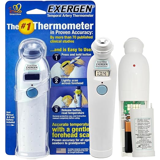 Exergen TAT-2000C Temporal Artery Thermometer – Temporal Thermometer for Kids, Newborns & Adults, Soft Glow Display, Silent Mode, 9V Battery Included