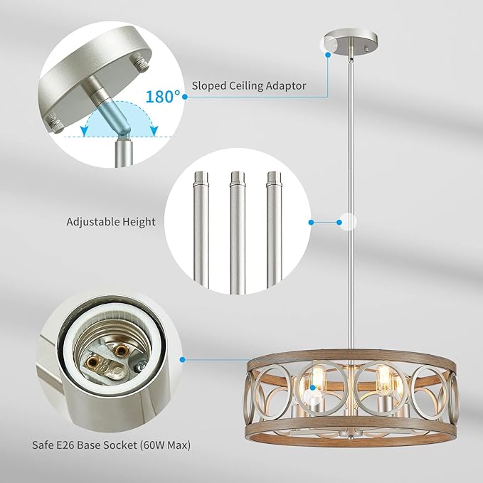 XINGQI Rustic Chandelier Brushed Nickel, Drum Chandeliers for Dining Room Modern Light Fixture Over Table Farmhouse Metal Wood Grain Pendant 5 Lights