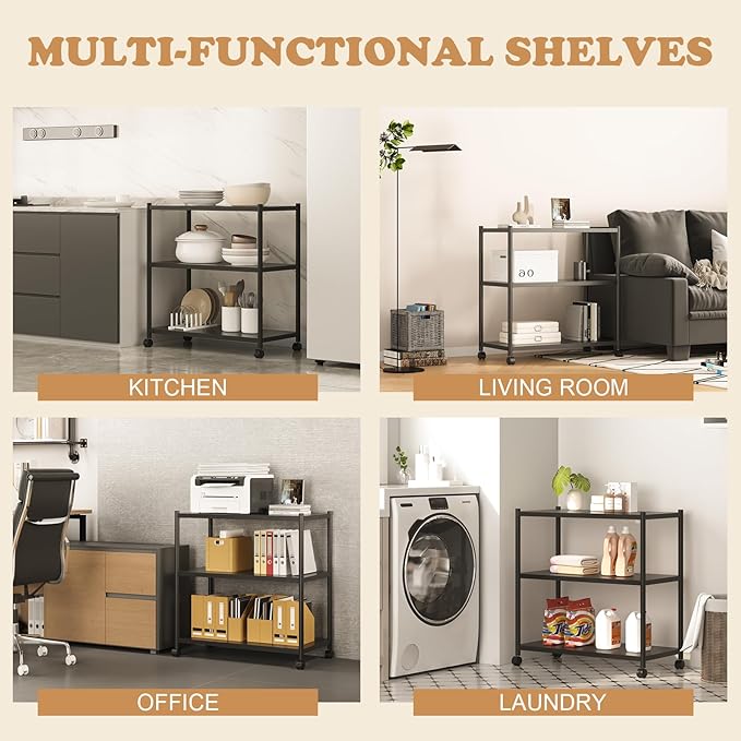 ZZL 3 Tier Small Bookshelf 31.49" Width,Metal Bookcase w/Wheels,Industrial Book Shelves for Home Office,Bedroom,School,Living Room(Black)