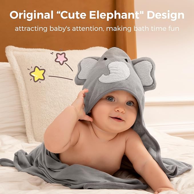 Momcozy Cute Elephant Hooded Baby Towel- 8 Piece Bath Essential, 2 x Towels and 6 x Wash Cloth Set- Perfect Shower Gift for Boys or Girls - Soft and Comfort for Newborn, Infant and Toddler