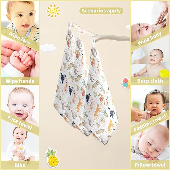 vvfelixl Baby Washcloths Cotton Funny Cats Cactus Baby Muslin Washcloths Soft Baby Face Towel for Newborn Infants Baby Wipes, 11.8 X 11.8 Inch, 3 Pack