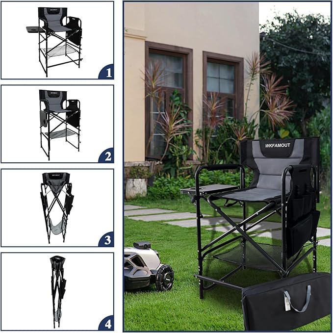 Tall Folding Directors Chair with Side Table 26.77" Seat Height Foldable Camping Chair Bar Stool for Makeup Artist Face Painting with Footrest and Storage Pocket Supports 350LBS