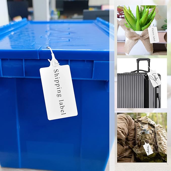 100 Plastic Shipping Tags - Waterproof, Writable Labels for Security, Storage, Hanging - With Marker Pen (White)