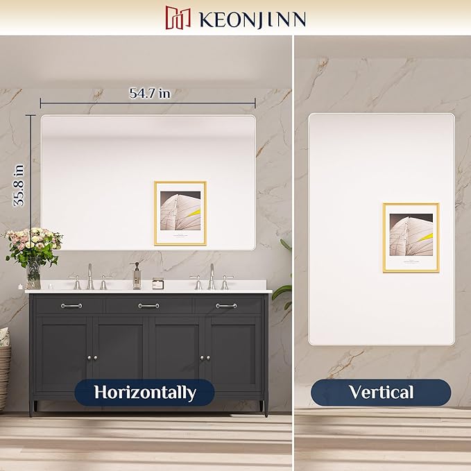 Keonjinn 55 x 36 Brushed Nickel Bathroom Mirrors for Over Sink, Large Rounded Rectangle Bathroom Vanity Mirror, Modern Decorative Silver Mirror, HD Tempered Glass Wall Mirror(Horizontal/Vertical)