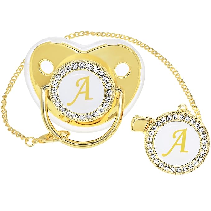 Bling Personalized Golden Baby Pacifier with Pacifier Clips and Anti-dust Cover A-Z 26 Letters(Gold,A)