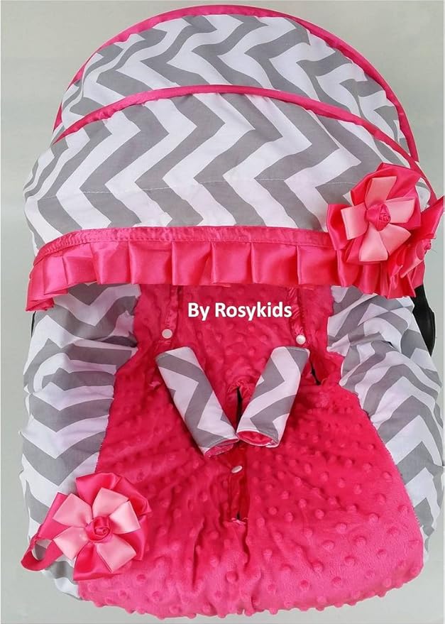 Rosy Kids Infant Carseat Canopy Cover 4pc Whole Caboodle, Baby Car Seat Cover and Canopy Cover Outdoor Traveling Kit, Grey Chevron Hot Pink Cover