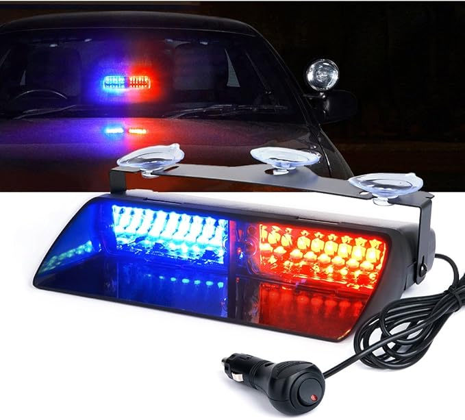 Xprite Red Blue LED Emergency Dash Strobe Light, Interior Windshield Safety Warning Police Lights w/Suction Cups, 12V Windshield Visor Light Bar for Police Law Enforcement Firefighter Vehicles Trucks