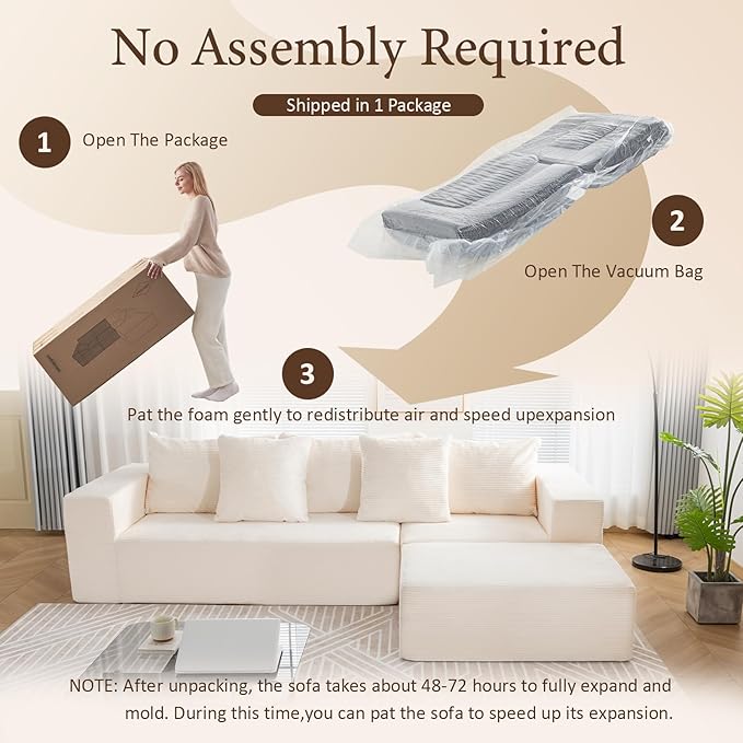 INGEROOM 108" Cloud Sectional Couch with L-Shape Chaise, Modular Sofa Memory Foam, Boneless Sofa with Movable Ottoman, Upholstered Couches for Living Room Bedroom, No Assembly Required, Beige