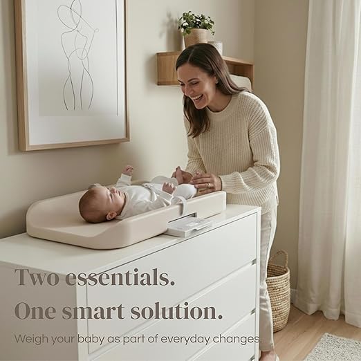 2-in-1 Baby Changing Pad with Integrated Scale, Contoured Wipe-Clean Foam, Non-Porous Waterproof Surface, Digital Baby Weighing Pad for Routine Changes, Safety Strap, Neutral Nursery Essential